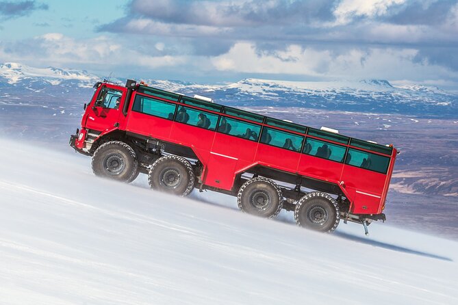 Red Glacier Monster Truck on Langjokull Glacier from Gulfoss - The Ride Up: Highland Bus, Then the Sleipnir Monster Glacier Truck